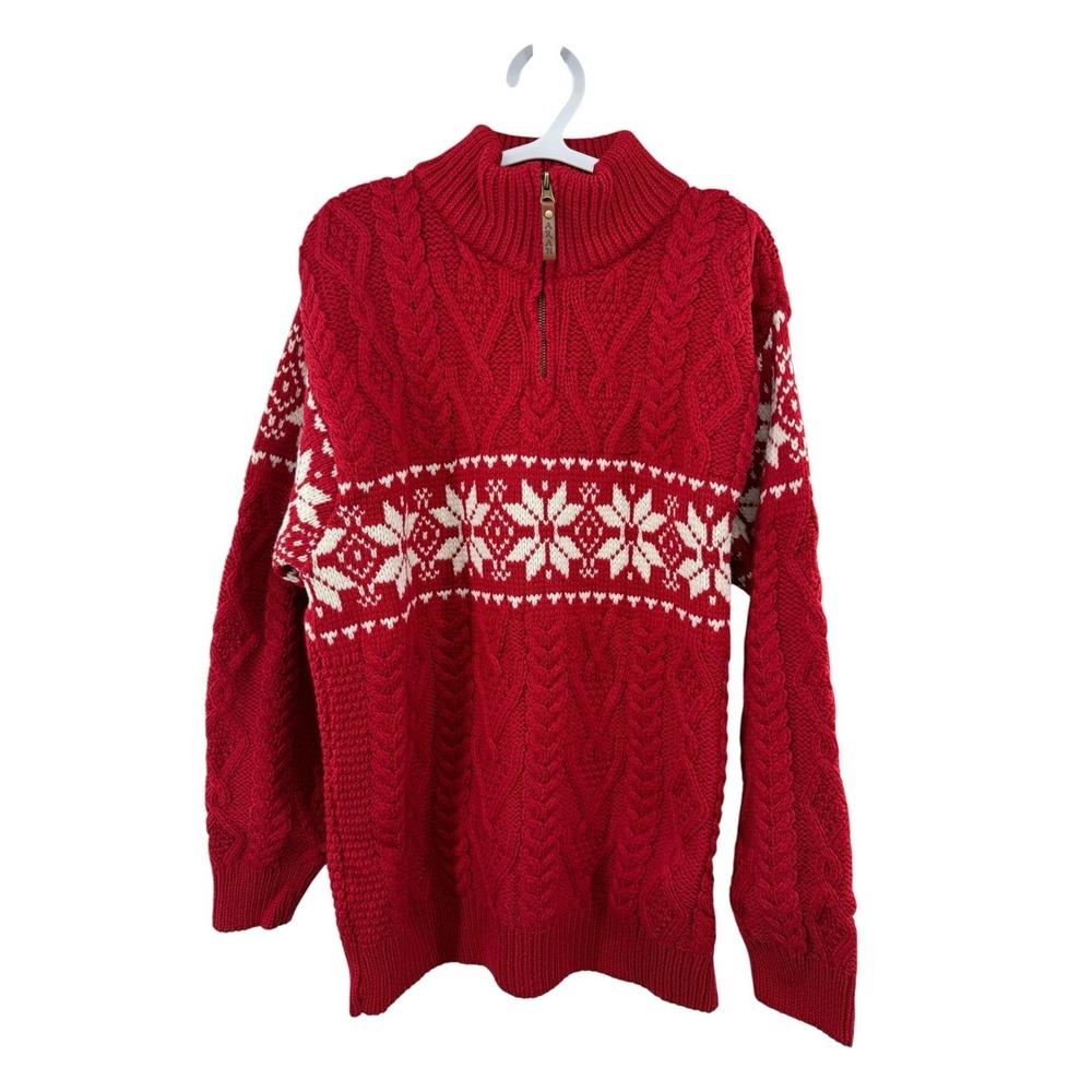 Aran Woollen Mills 1/2 Zip Troyer Sweater Merino Wool Red Snowflake Large $149